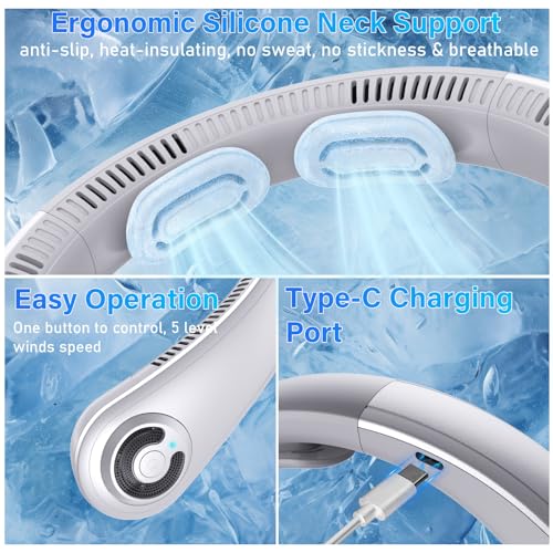 Neck Fan - Portable Neck Fan with Neck Support, 5 Speeds, All Around Airflow, Hand-free Bladeless Personal Cooling Fans, R...