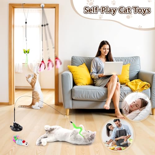 HONGDDY Cat Toys for Indoor Cats, 14Pcs 4 in 1 Cat Interactive Toys, Hanging Door Kitten Wand with Suction Cup Removable F...