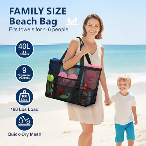 F-color Mesh Beach Bag - Large Beach Tote for Cruise Travel, Toys Pool Bags for Family Vacation Essentials