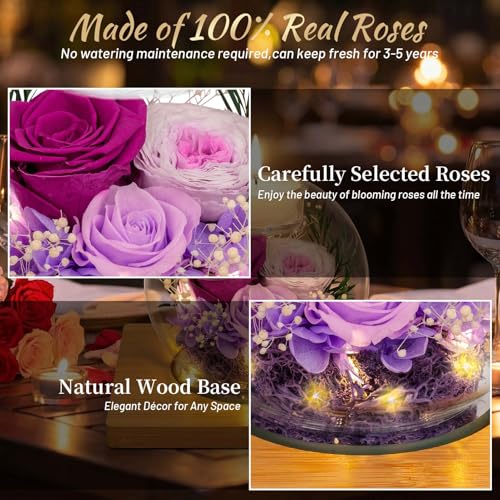 ENERLEAF Preserved Purple Real Rose in Glass with Scented Candles – Forever Flower Romantic Anniversary Christmas Birthday...