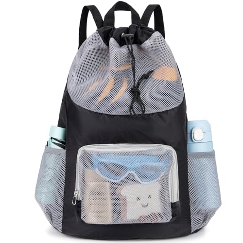 Veious Swim Bag for Kids Mesh Beach Backpack for Boys Lightweight Drawstring Beach Bag Swimming Pool Sports Gym String Bag...