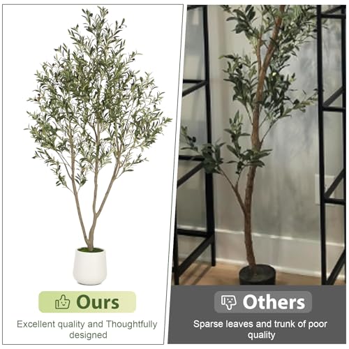 VIVATREES Olive Trees Artificial Indoor, 5FT Tall Faux Olive Tree with White Tall Planter, Artificial Plants with Natural ...
