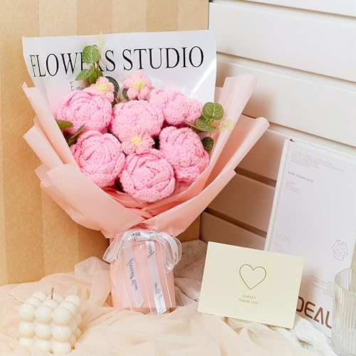 SITUMEIZI Handmade Crochet Flower Bouquet - 6 Pcs Pink Roses Knitted Bouquet Cotton Thread, Gifts for Women, Mom, Wife, Te...