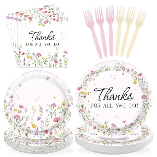 Greencian 96 Pcs Wildflower Thanks Party Supplies Teacher Appreciation Plates and Napkins Watercolor Wild Flower Tableware...