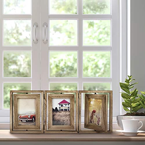 Emfogo 4x6 Picture Frame Rustic Wood Hinged Folding Triple Picture Frames Collage, Double-Sided Display Rotatable High Def...