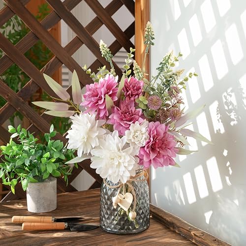 LUEUR Artificial Dahlia Flowers with Vase – Rose Red Faux Flower Arrangement, Romantic Floral Centerpiece Table Decoration...