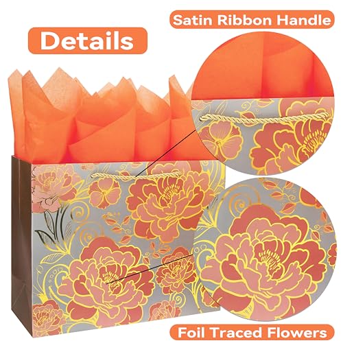 13" Large Rose Gold Gift Bag Set with Greeting Card and Orange Tissue Paper for celebrating birthdays,Mother's Day,Christm...