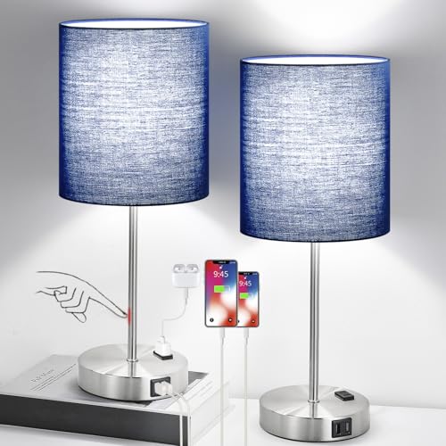Set of 2 Touch Control Table Lamps with 2 USB & AC Outlet, 3-Way Dimmable Bedside Nightstand Lamps for Bedroom Living Room...