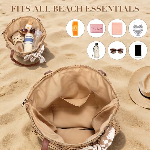 XZQTIVE Summer Beach Crochet Bags for Women Knit&Straw Woven Tote Soft Fabric Boho Shoulder Bag for Vacation Shopping