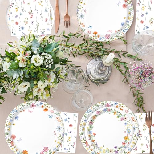 LINHAXM 175 PCS Spring Wildflower Party Decorations include Plates, Cups, Napkins, Cutlery, Cake Toppers, Banner, Tableclo...