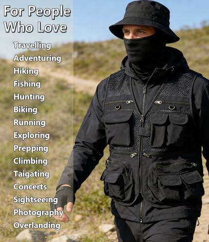 HUNTURE Fishing Vest,Pocket Travel Vest and Hat Gloves Neck Gaiter for Safari Hiking,Lightweight Work Cargo Vest for Men