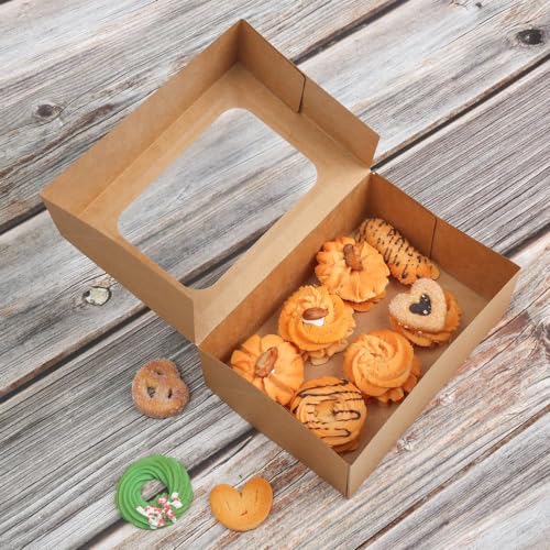 YEKTFS 24 Pcs Cookie Boxes with Window for Paper Gift Giving Brown Bakery Gift Boxes 9 x 6.3 x 3 Inch, Easy Estate Holiday...