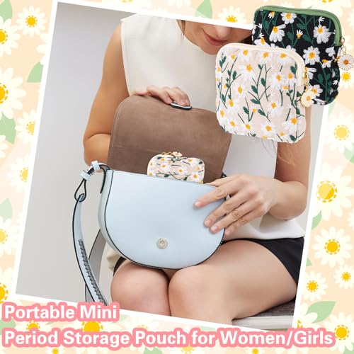 TIESOME Daisies Sanitary Napkin Storage Bag, 2 Pcs Embroidery Menstrual Cup Pouch Cotton Soft Period Holder Bag Portable T...