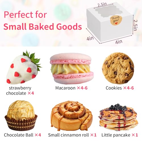 WINKIO 24pcs White Cookie Boxes, 4x4x2.5 Inches Bakery Boxes with Window, for Mini Cake Treat Dessert Pastry Donuts Macaro...