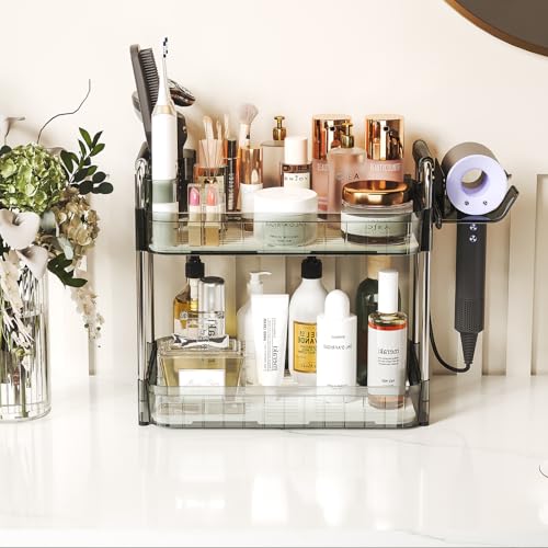 AmzAge Bathroom Counter Organizer, 2 Tier Makeup Skincare Storage Tray with Hair Dryer Holder and Toothbrush Rack, Perfume...