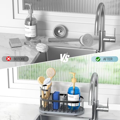HOKEMOM Sponge Holder for Kitchen Sink with High Brush Holder, [Stay-Dry Anywhere & No Drainage Needed] Rustproof Stainles...