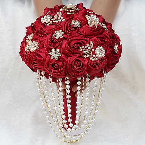 TUAGYMKR Handmade Satin Rose Water Drop Bridal Bouquet,8.7inch Crystal Wedding Round Tossing Bouquet,Jewelry Proposal Brid...
