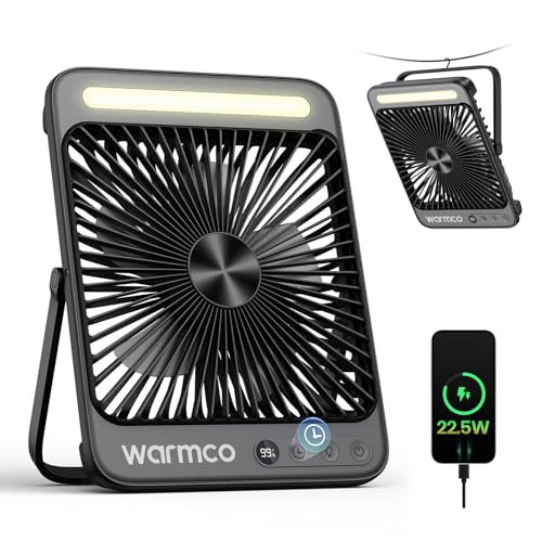 Warmco Battery Powered Fan, 20000mAh 22.5W 8-Inch Ultra-thin Rechargeable Camping Fan with LED Light, MAX 48H Runtime, 8H ...