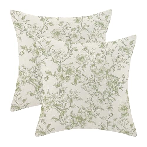 Sorktse Vintage Sage Green Pillow Covers 18x18 Set of 2 Chinoiserie Floral Throw Pillows Light Green Flower Pillowcase Lin...