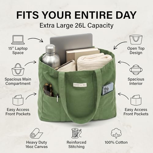 26L Harp + Ra XL Soft Unstructured Canvas Tote Bag for Women, Open Top, No Zipper, Laptop Sleeve, 3 Pockets, 23x18x7 in | ...
