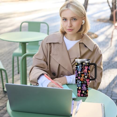 WWHSAI Cat Gifts for Women Cats Tumbler with Handle 40Oz Christmas Birthday Flowers & Elegance Cats Gift for Cat Lover Owner