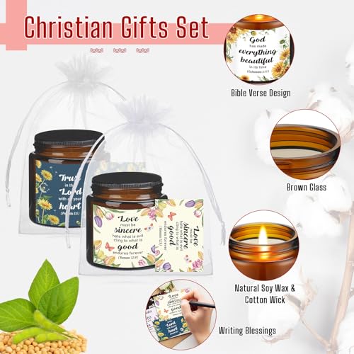 Landhoow 30 Pcs Christian Gifts for Women, 10 Pcs Scented Religious Bible Candles 10 Floral Verses Cards and 10 White Orga...