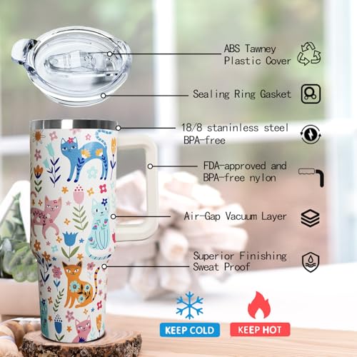 Ceovfoi 40 Oz Cat Tumbler With Handle, Coffee Travel Mug Cup Water Bottle, Cat Decor, Gifts for Women