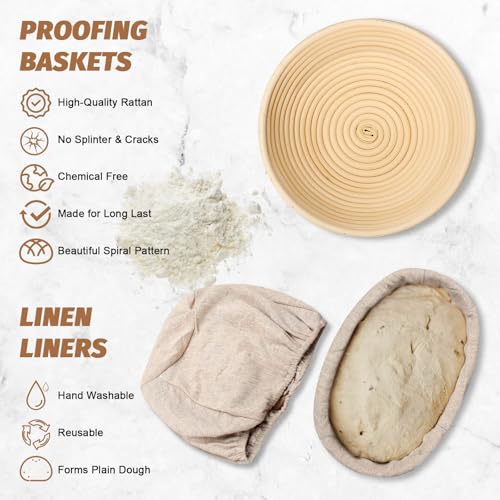 Sourdough Proofing Basket Gift Set, 9" Round and 10" Oval Banneton Bread Baking Supplies, Sourdough Baskets with Bread Lam...
