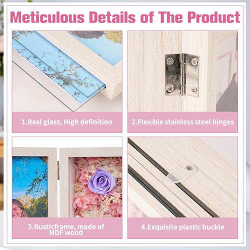 5x7'' Shadow Box Picture Frame Double Photos with Preserved Flowers, Real Floral Deep Wood Shadow Box Display Case Desktop...