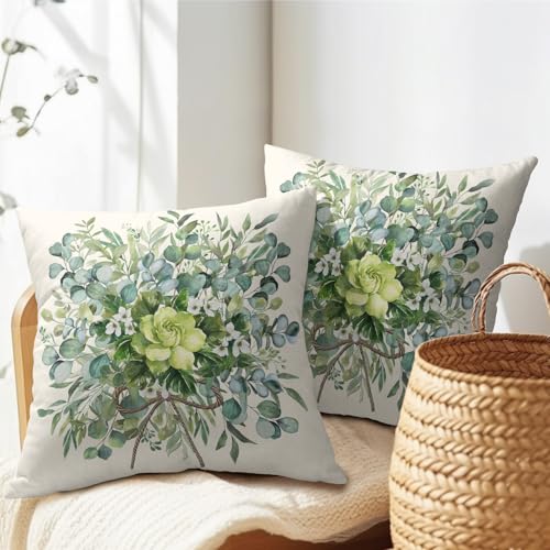 Trongr Spring Pillow Covers 18x18 Set of 2 Green Floral Throw Pillow Covers Rustic Pillowcase Linen Decoration Farmhouse S...