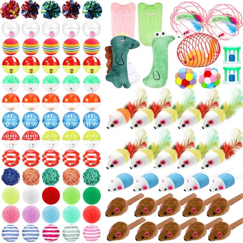 Lenwen 100 Pcs Cat Toys Set Bulk Cat Fur Mice Toys Variety Plastic Ball with Bell Furry Pompom Rattle Mouse Assorted Inter...