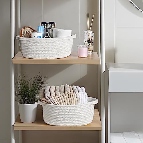 4 Pack Small Woven Basket with Handles, All 12"x 8"x 5", Cotton Rope Room Shelf Storage Basket, Cat Toys, Cute Baby Gift B...