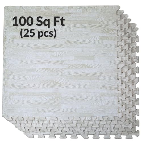 Home Aesthetics 100 Sq. Ft 3/8 Inch Thick Printed Foam Tiles Interlocking Foam Mat, 24" x 24", 25 pcs, White Wood Grain St...