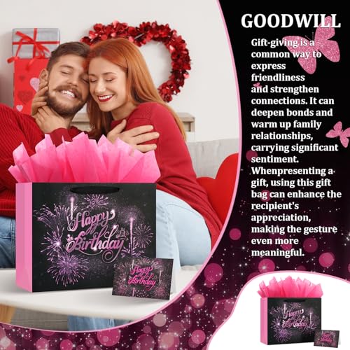BeiLaad Pink Birthday Gift Bag with Tissue Paper and Greeting Card, 12.6“ Happy Birthday Gift Bags for Party, Fireworks De...