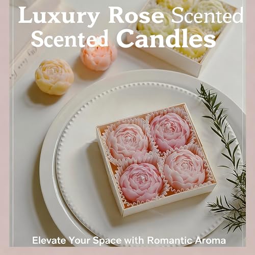 Rose Flower Shape Scented Candle,4 Pack Realistic Pink Rose Design,Plant-Based Natural Soy Wax Essential Oil Aroma Decorat...