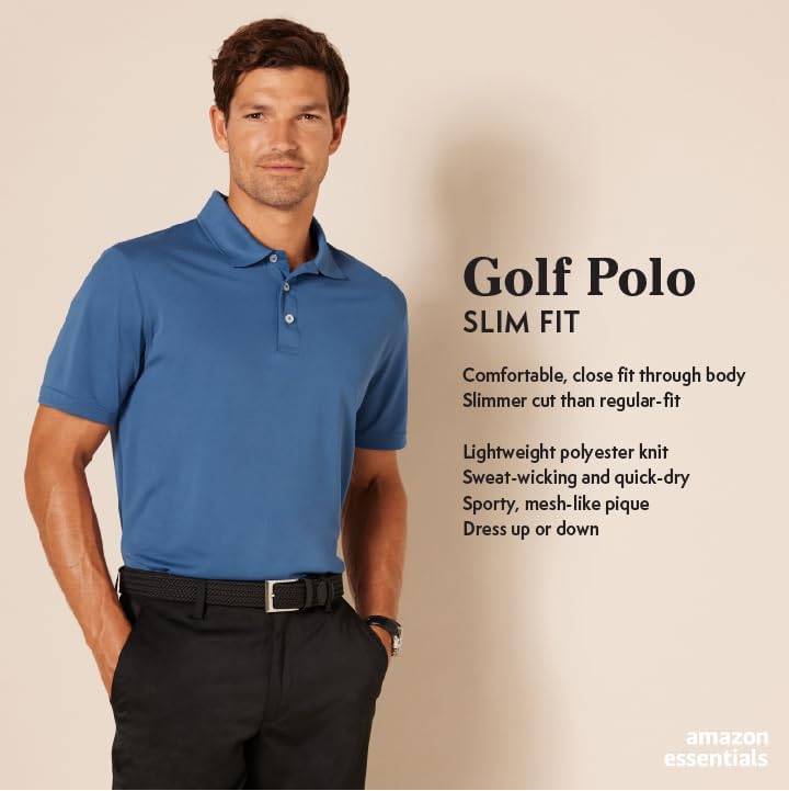 Amazon Essentials Men's Moisture Wicking Golf Polo Shirt, Short Sleeve, Slim-Fit, Quick-Dry