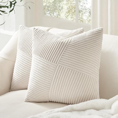 Topfinel Cream White Decorative Neutral Throw Pillow Covers 18x18 Inch for Couch Sofa Bed, Soft Corduroy Striped Patchwork...