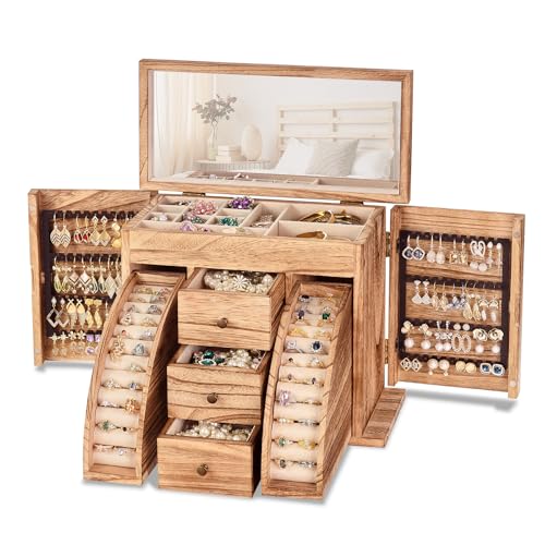 Poyilooo Jewelry Box Organizer, Solid Wood Jewelry Boxes fow Women with Mirror, Large Jewelry Organizer Box Display Earrin...