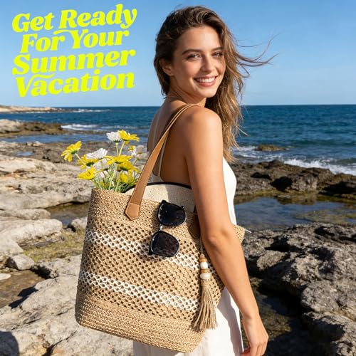 shoowyees Straw Beach Tote Bag Women - 2026 Handwoven Summer Purse Handbag with Zipper Perfect for Vacation Travel Pool | ...