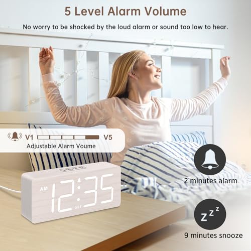 DreamSky Wooden Digital Alarm Clock for Bedroom - Desk Clock for Living Room with Large Numbers, Dimmer, Loud Alarm for He...