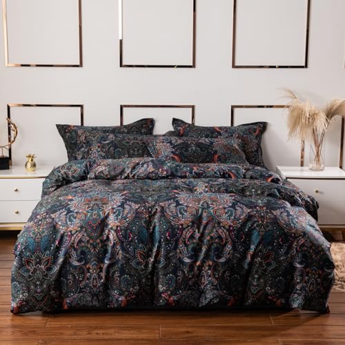 ABREEZE Luxury Vintage Black Duvet Cover Sets Damask Paisley Bedding Set Retro 100% Brushed Cotton Zipper Closure Bedding ...