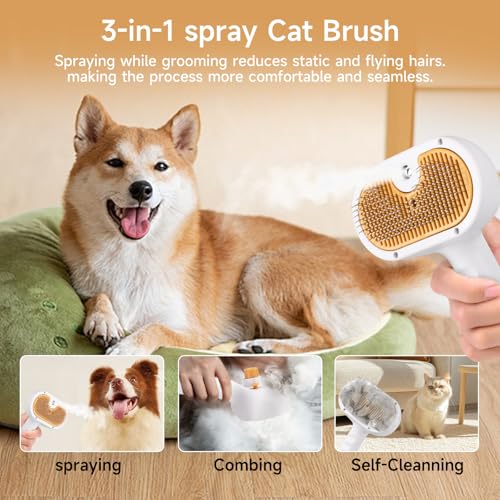 Pet Steam Brush for Dog & Cat – 3-in-1 Spray Hair Removal Comb for Shedding & Grooming, Softens Fur & Reduces Static – Wat...