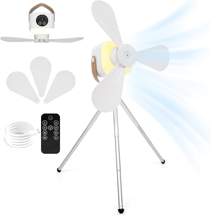 Niarrfi Camping Fan with Telescopic Stand, 7200mAh Tent Fans with LED Light, Remote Control, Detachable Blades and Hook 4 ...