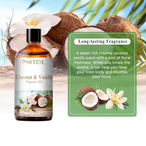 PHATOIL 3.38FL.OZ Coconut & Vanilla Fragrance Oils for Aromatherapy, Essential Oils for Diffusers for Home, Perfect for Di...