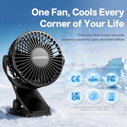 AMORMIYA Portable Clip on Fan, 4000mAh Battery Operated Fan, Max 4.5m/s Strong Airflow, 20H Runtime, Quiet 3 Speed USB Rec...