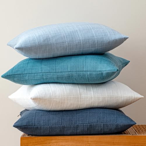 Aesthaboho Blue Linen Pillow Covers Set of 4, Decorative Plaid Throw Pillow Covers 20 x 20 Inch, Boho Cushion Soft Neutral...