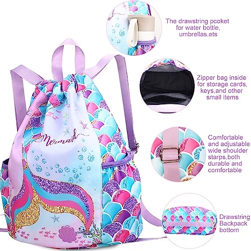 RHCPFOVR Drawstring Backpack for Kids - Mermaid Bags for Girls Gym Dance Beach Swim Travel Bag With Two Water Bottle Holder