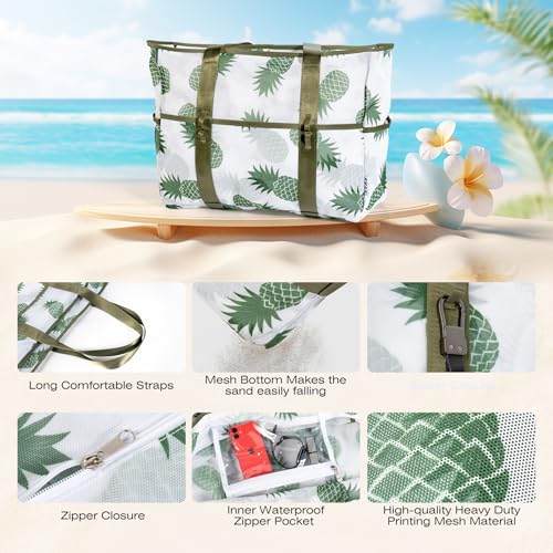 KUAK Mesh Beach Bag, Large Beach Tote with Top Zipper, 9 Pockets, Inner Waterproof Pocket for Family Pool Vacation Essentials
