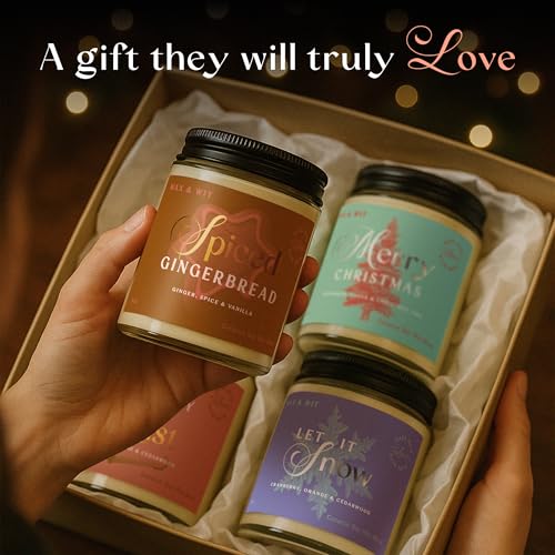 Wax & Wit Christmas Candles Gift Set Scented, Winter Holiday Set of 4 Pack Candle - Natural Coconut Soy Candles, 180+ Hr B...