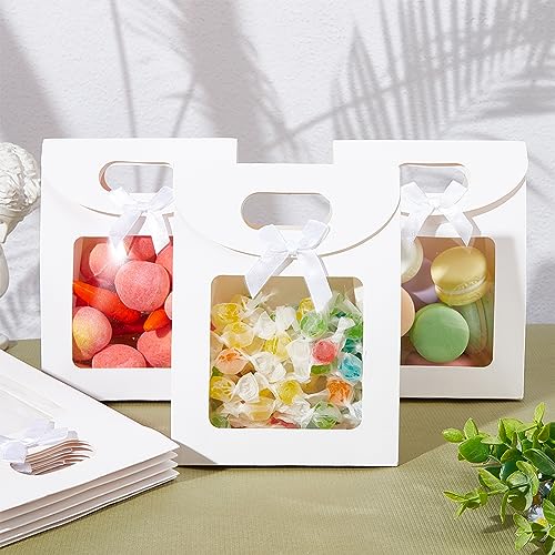 NBEADS 24 Pcs Small White Kraft Paper Bags with Window, 6.3x4.72x2.44inch Stand Up Gift Bag with Handles and Bowknot for C...